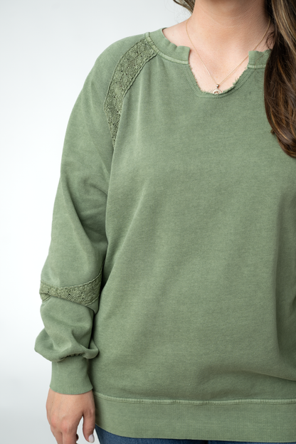 Michelle Mae Lace Accent Vintage Wash Pullover - Olive