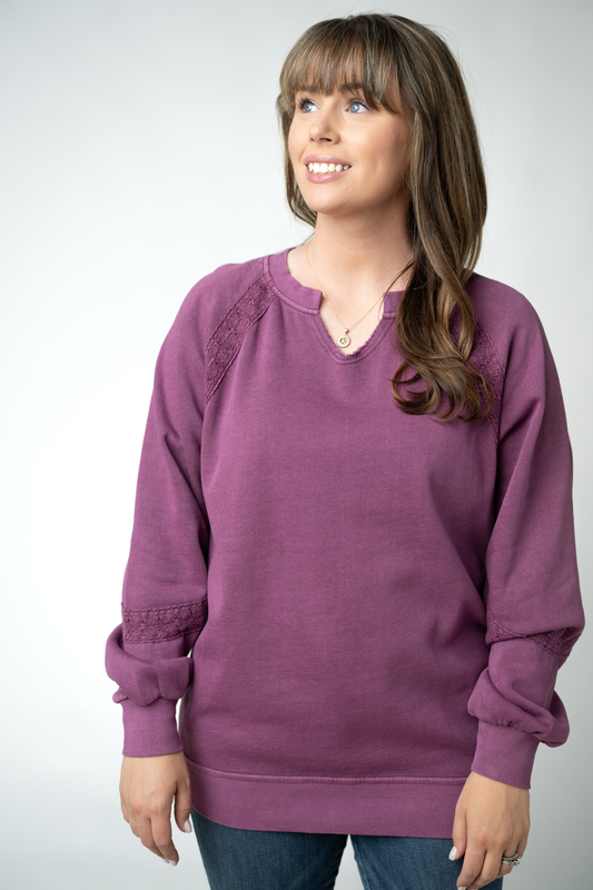 Michelle Mae Lace Accent Vintage Wash Pullover - Purple