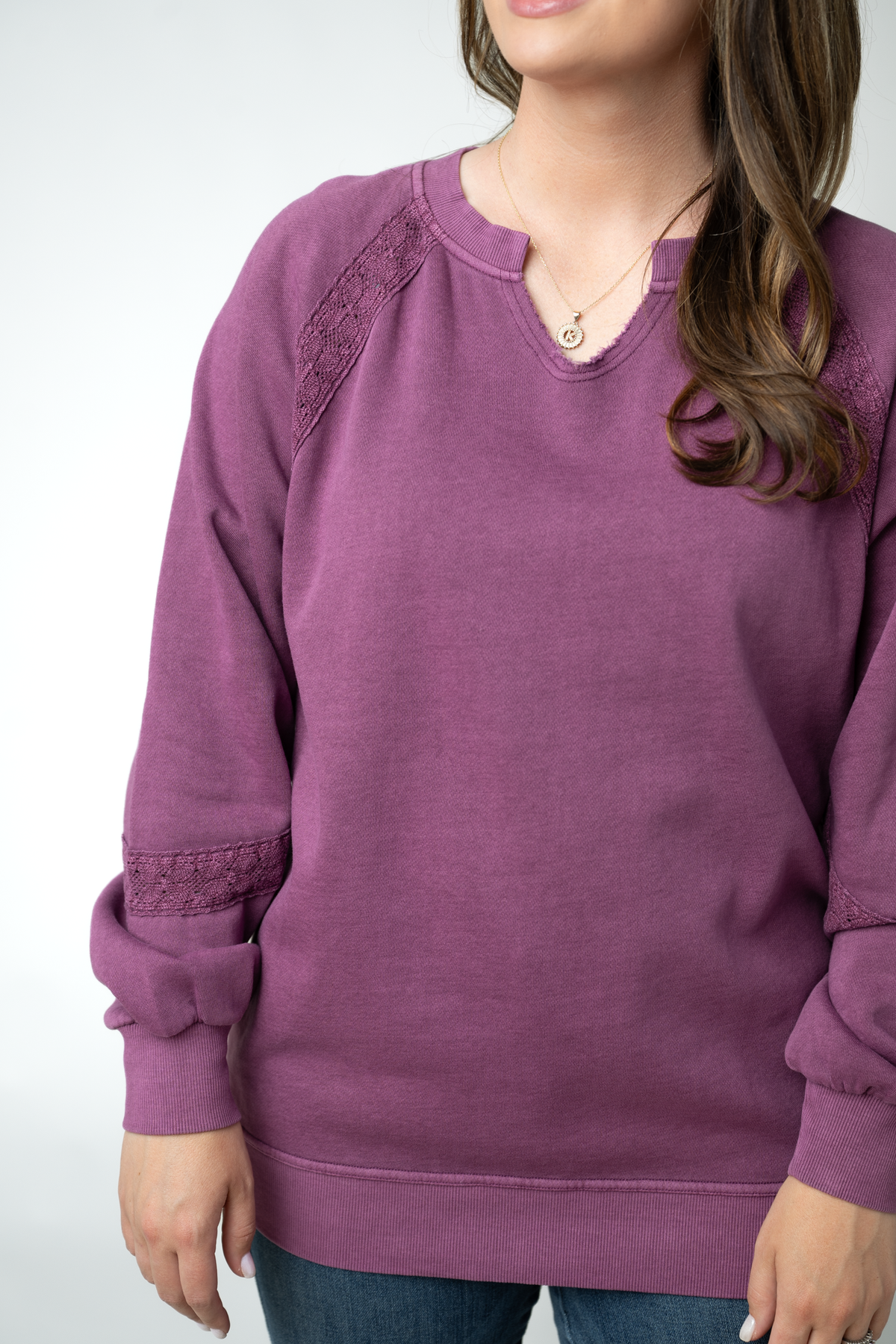 Michelle Mae Lace Accent Vintage Wash Pullover - Purple