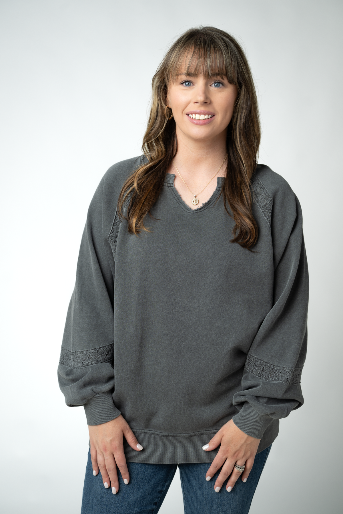 Michelle Mae Lace Accent Vintage Wash Pullover - Black