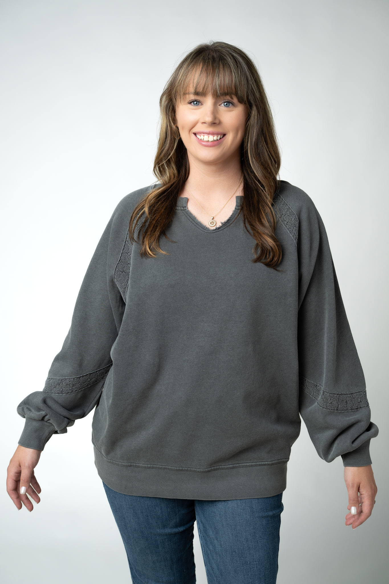 Michelle Mae Lace Accent Vintage Wash Pullover - Black