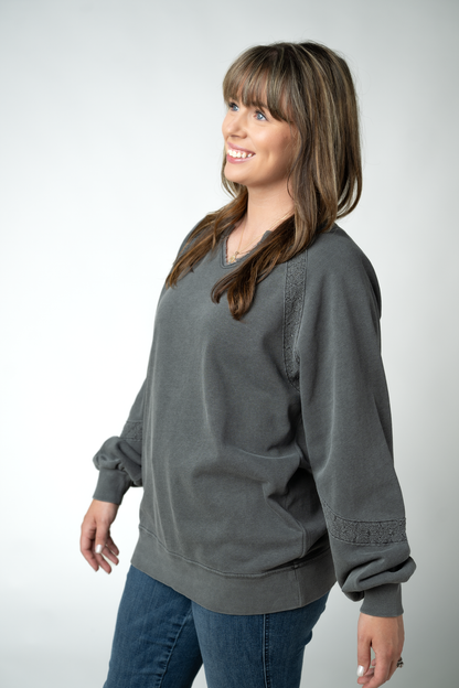 Michelle Mae Lace Accent Vintage Wash Pullover - Black