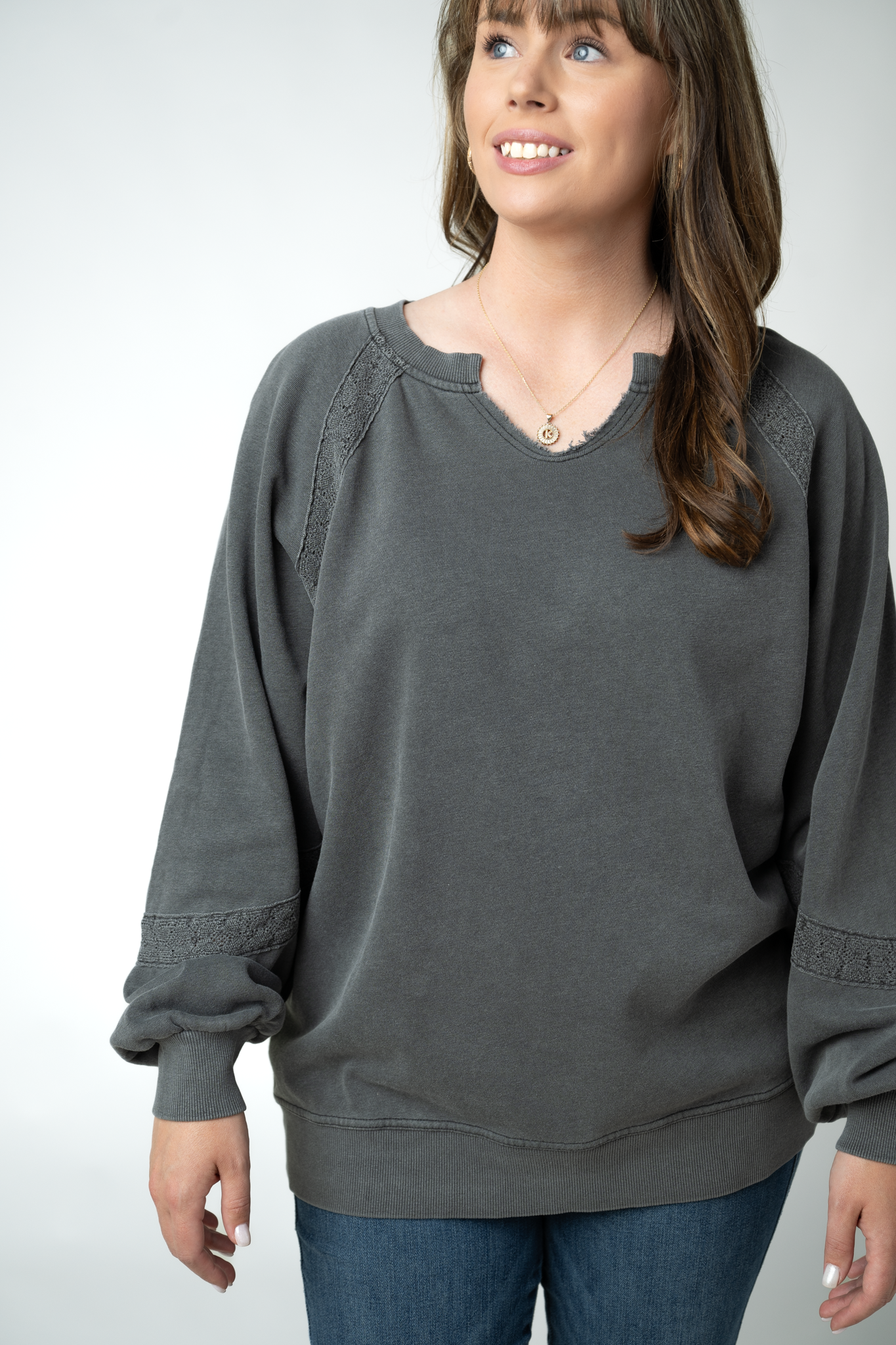 Michelle Mae Lace Accent Vintage Wash Pullover - Black