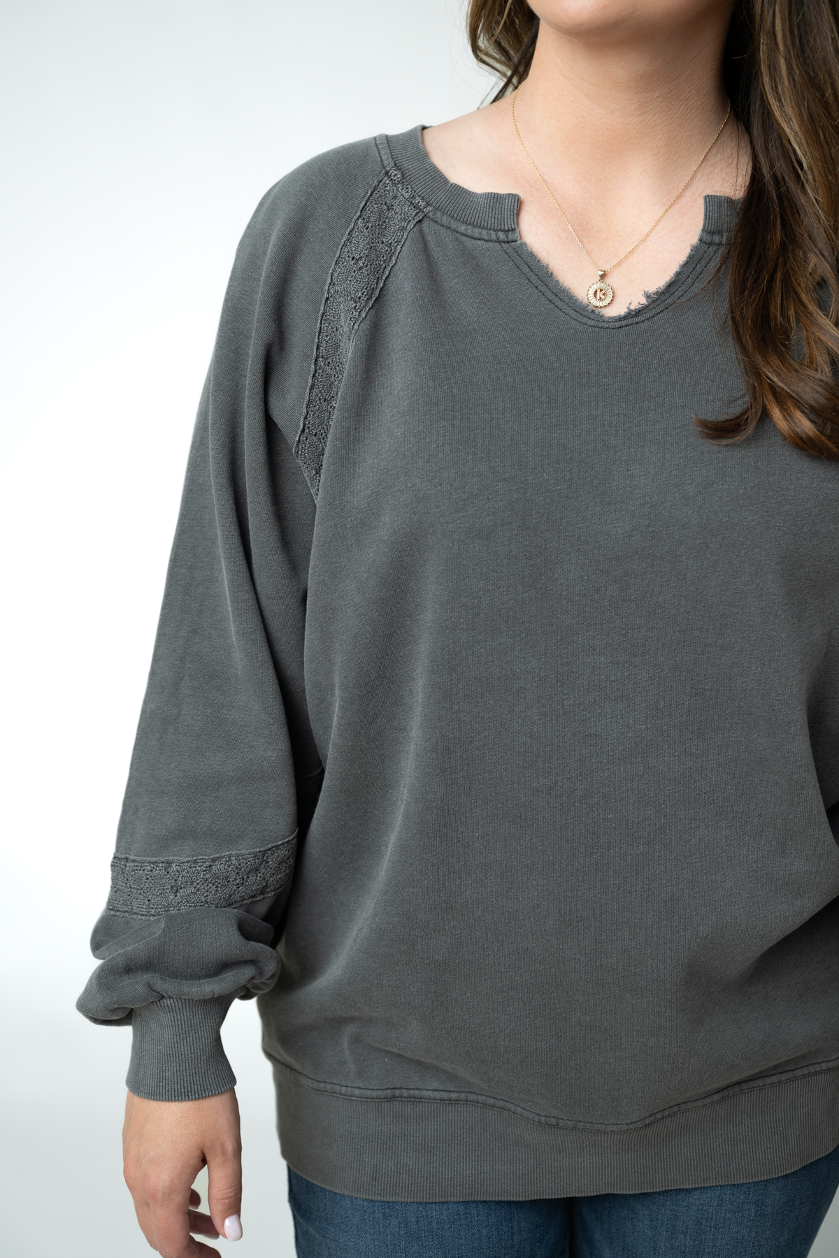 Michelle Mae Lace Accent Vintage Wash Pullover - Black