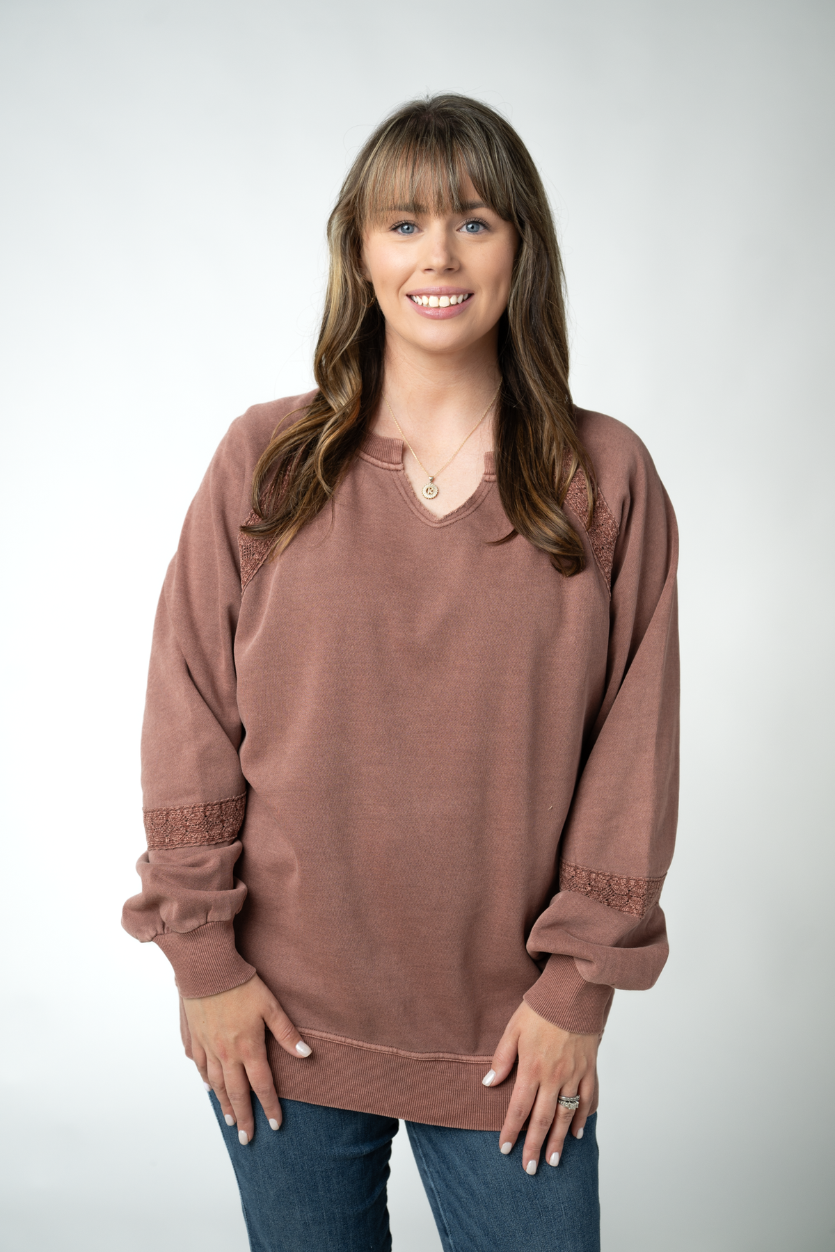 Michelle Mae Lace Accent Vintage Wash Pullover - Brown