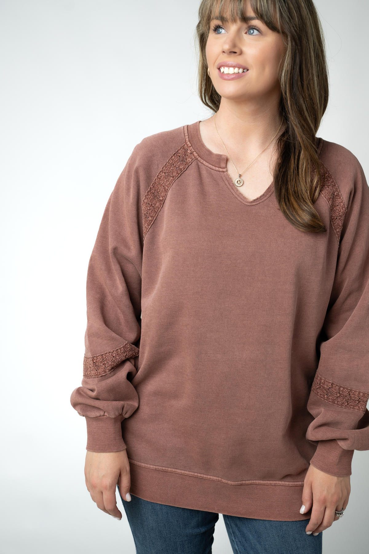 Michelle Mae Lace Accent Vintage Wash Pullover - Brown