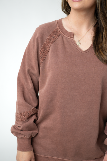 Michelle Mae Lace Accent Vintage Wash Pullover - Brown