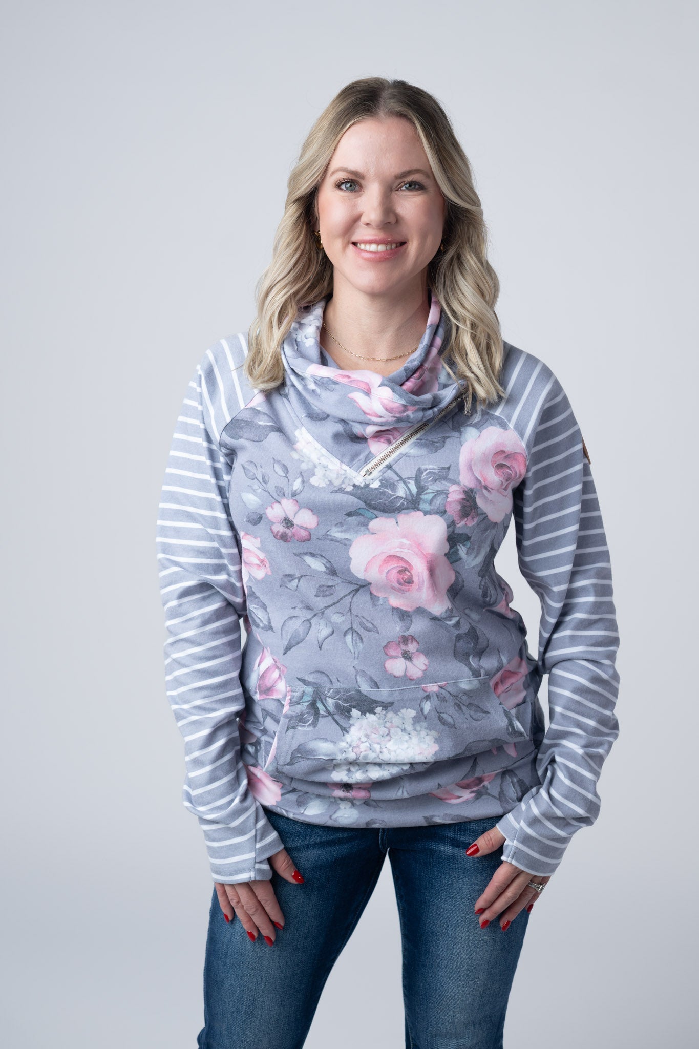 Michelle Mae Classic Zoey ZipCowl Sweatshirt - Grey Floral and Stripes