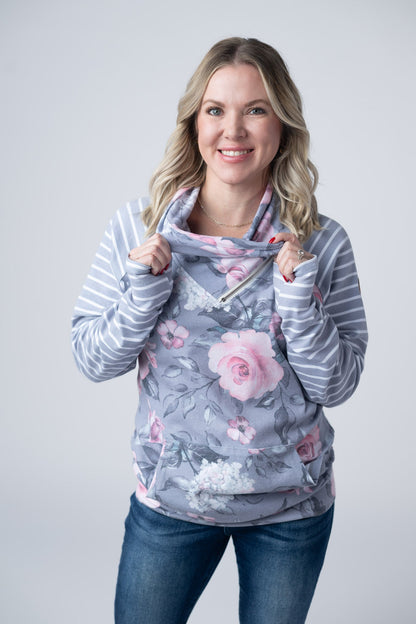 Michelle Mae Classic Zoey ZipCowl Sweatshirt - Grey Floral and Stripes