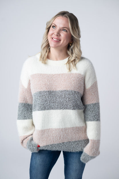 Michelle Mae Cozy Block Sweater - Pink and Grey