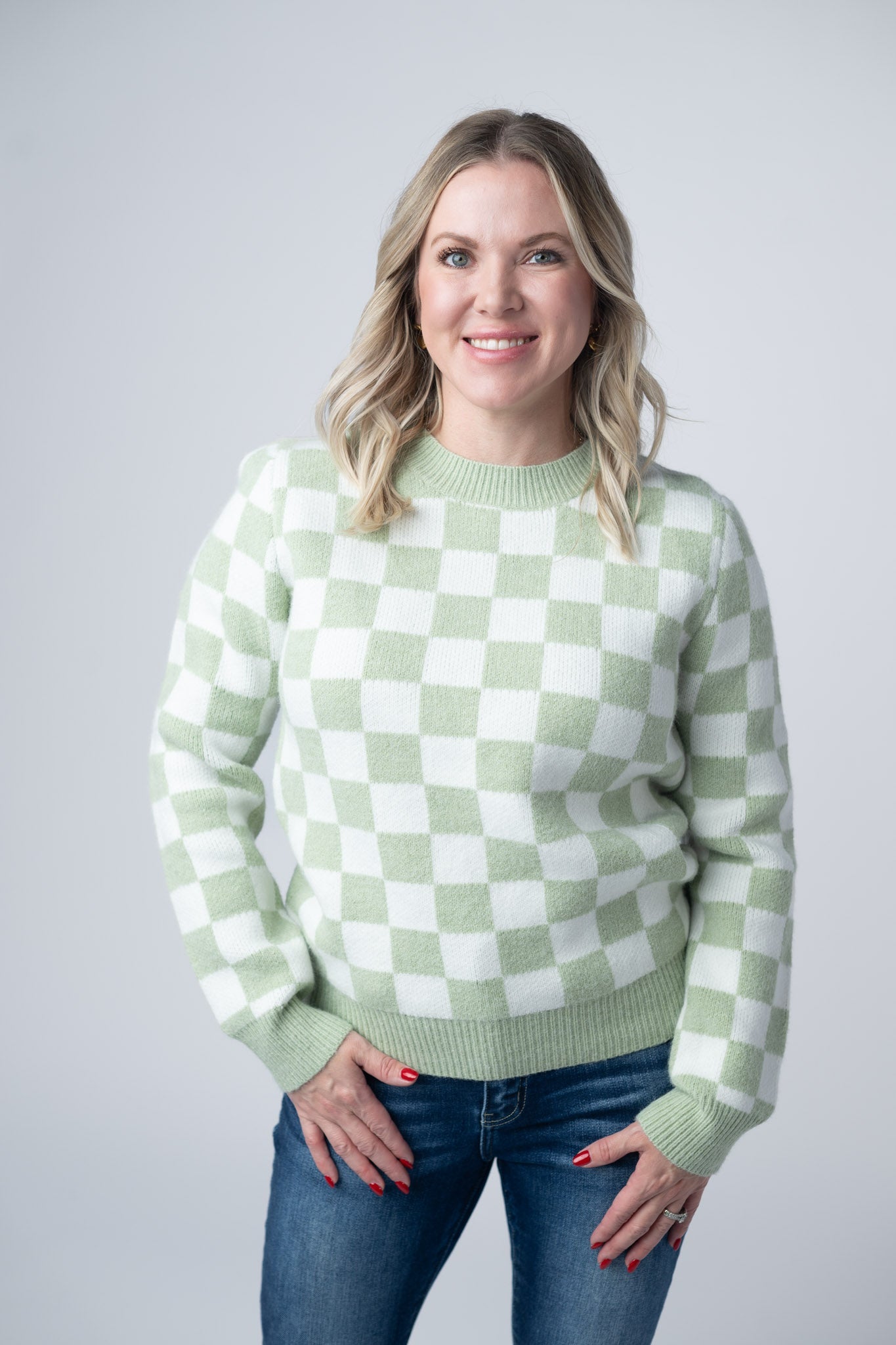 Michelle Mae Checkered Sweater - Sage and White
