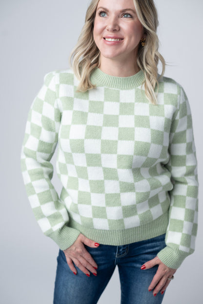 Michelle Mae Checkered Sweater - Sage and White
