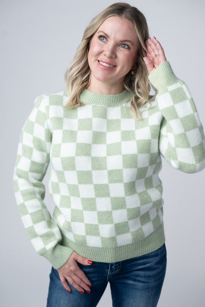 Michelle Mae Checkered Sweater - Sage and White
