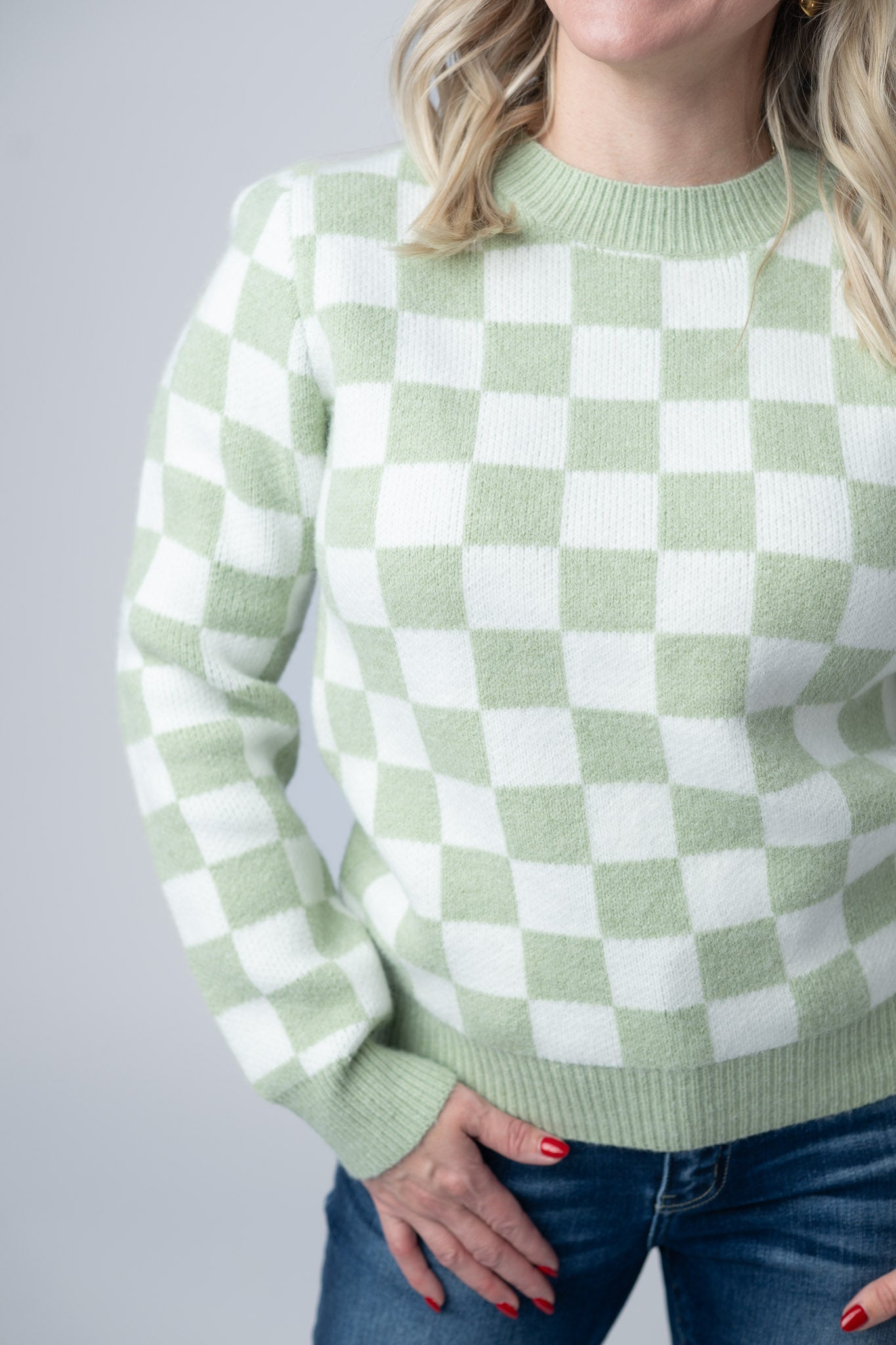 Michelle Mae Checkered Sweater - Sage and White