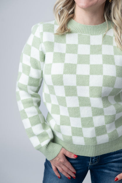 Michelle Mae Checkered Sweater - Sage and White