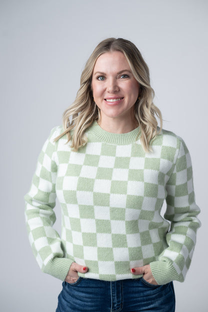 Michelle Mae Checkered Sweater - Sage and White