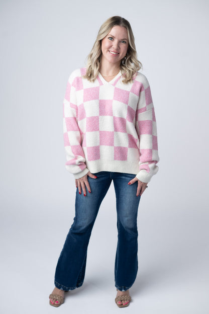 Michelle Mae Checkered Hoodie - Pink and White