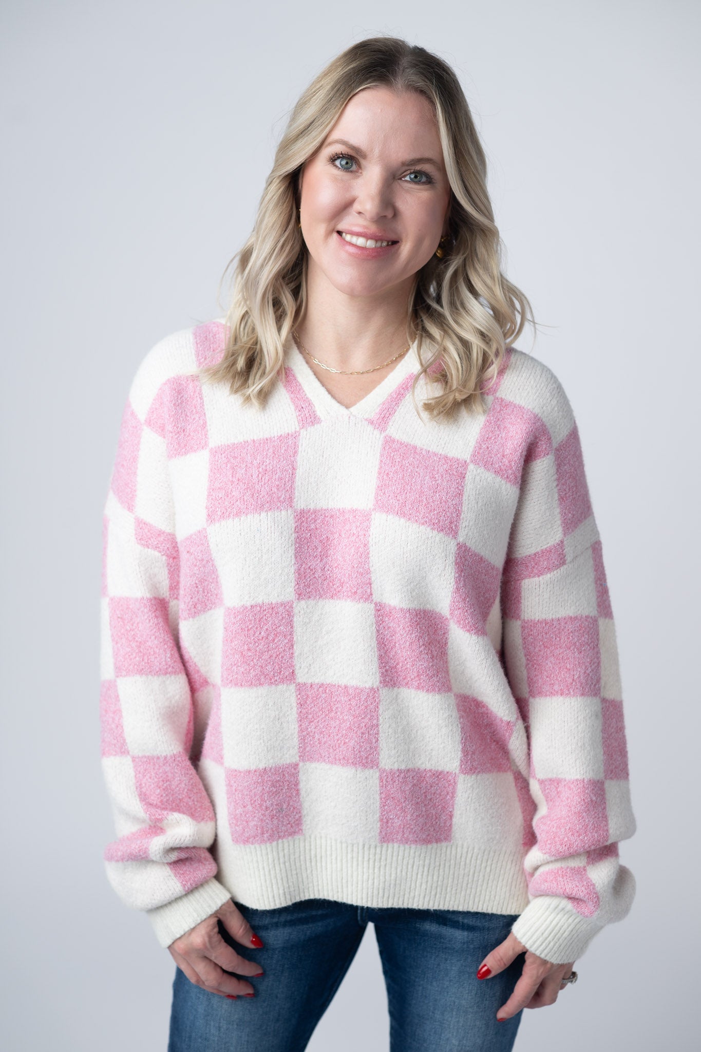 Michelle Mae Checkered Hoodie - Pink and White