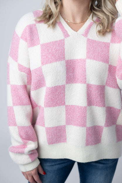 Michelle Mae Checkered Hoodie - Pink and White