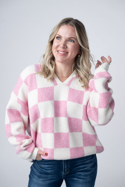 Michelle Mae Checkered Hoodie - Pink and White