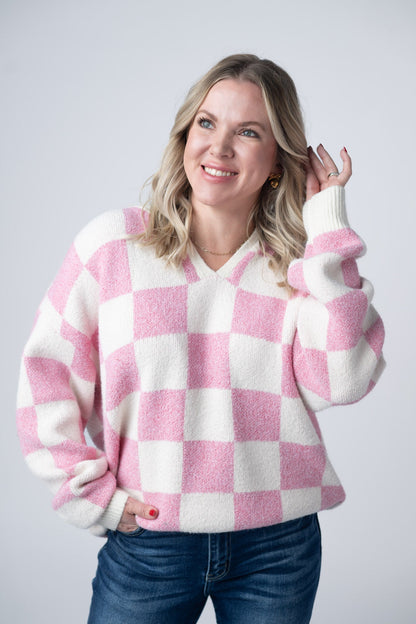 Michelle Mae Checkered Hoodie - Pink and White