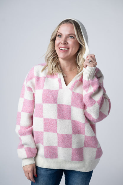 Michelle Mae Checkered Hoodie - Pink and White