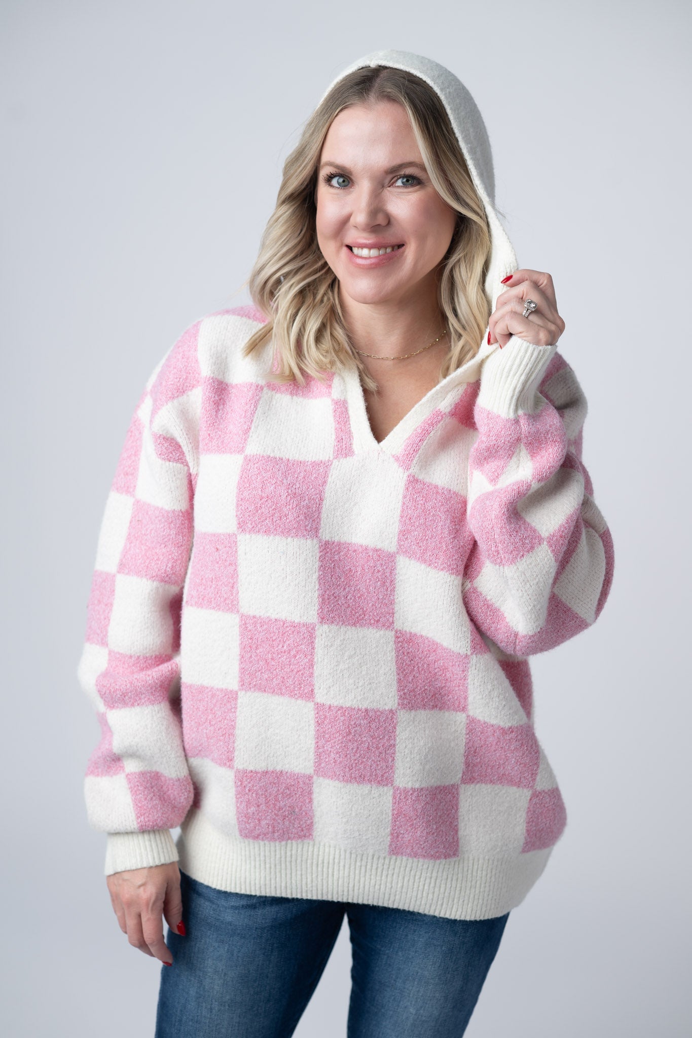 Michelle Mae Checkered Hoodie - Pink and White