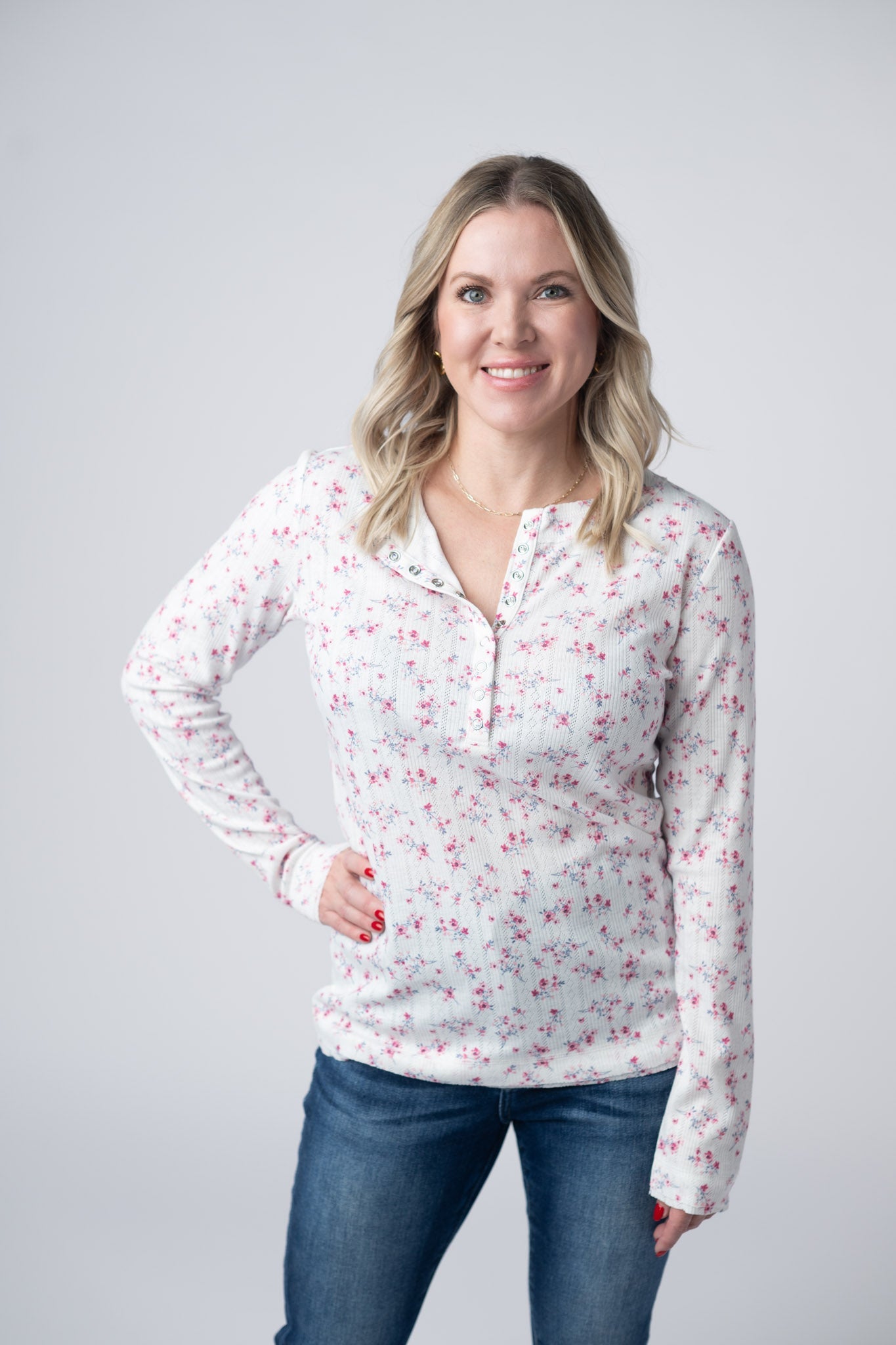 Michelle Mae Button Snap Henley Top - Micro Pink Floral
