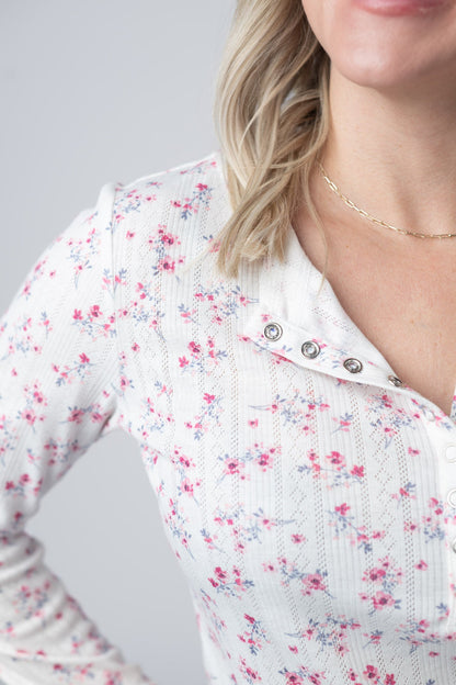 Michelle Mae Button Snap Henley Top - Micro Pink Floral