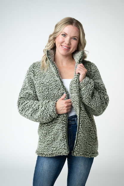 Michelle Mae Two Tone Fullzip Sherpa - Olive and White