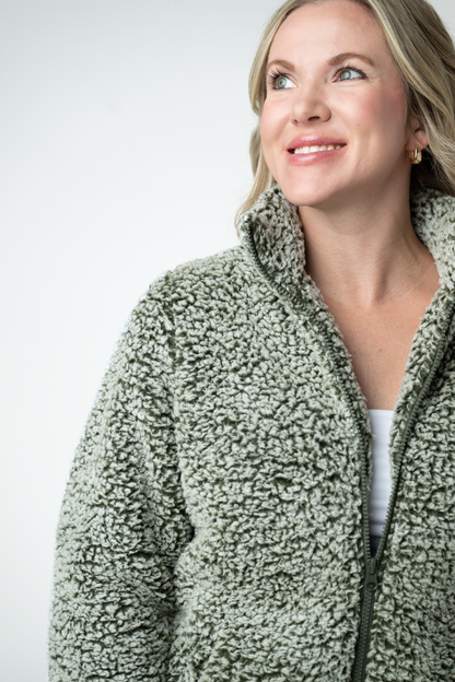 Michelle Mae Two Tone Fullzip Sherpa - Olive and White