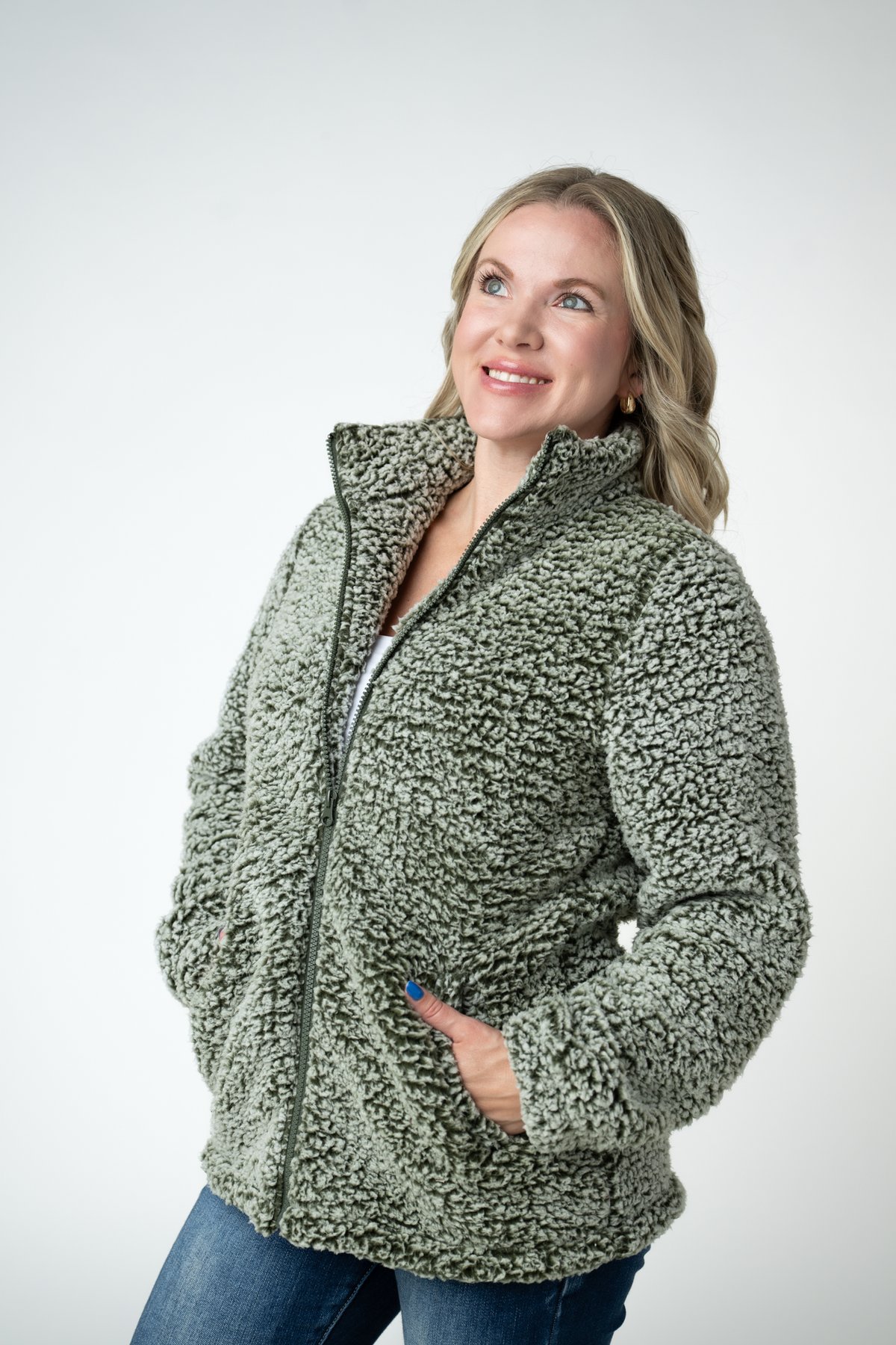 Michelle Mae Two Tone Fullzip Sherpa - Olive and White