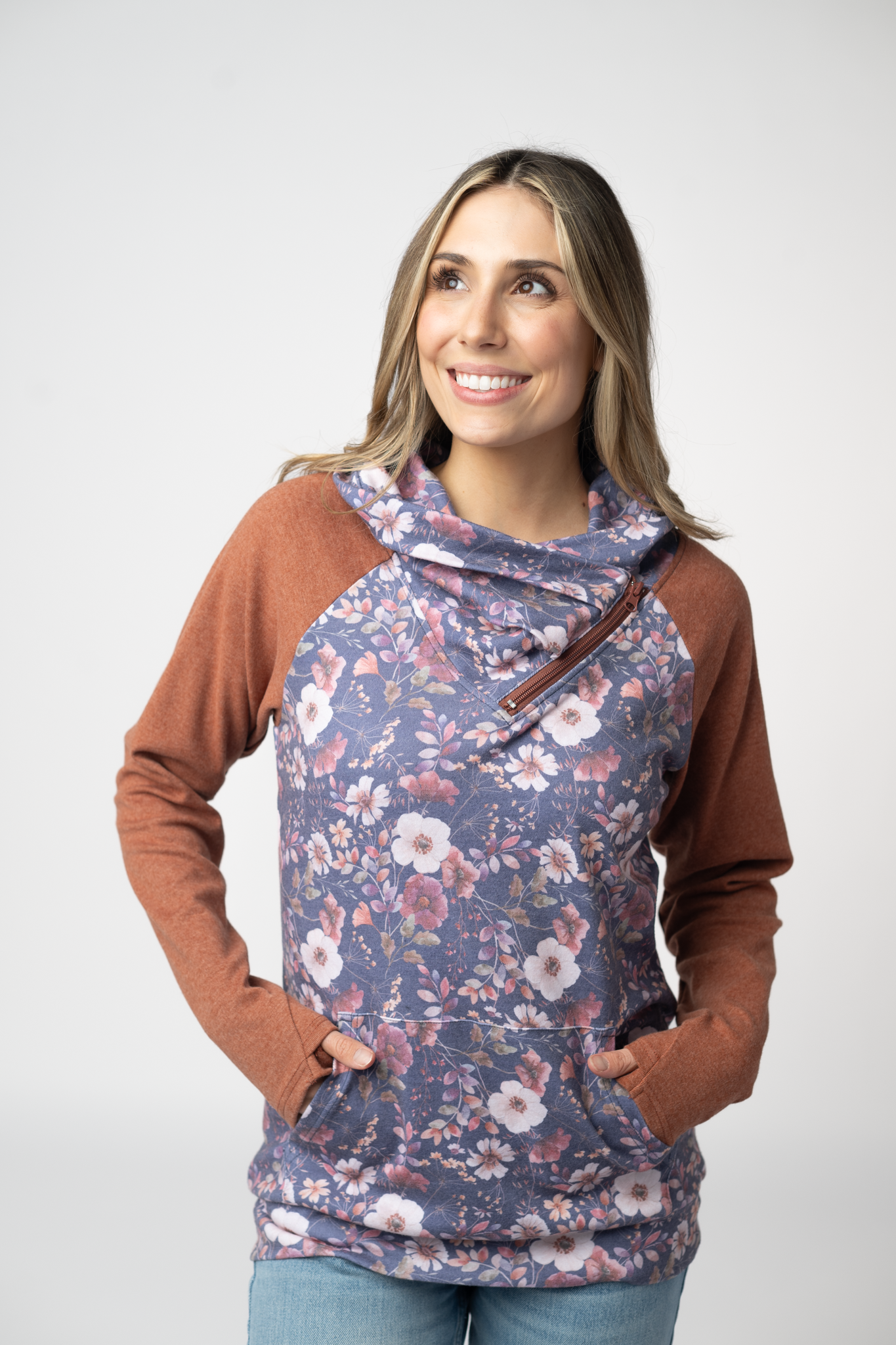 Michelle Mae Classic Zoey ZipCowl Sweatshirt - Blushwood Floral and Terra Cotta
