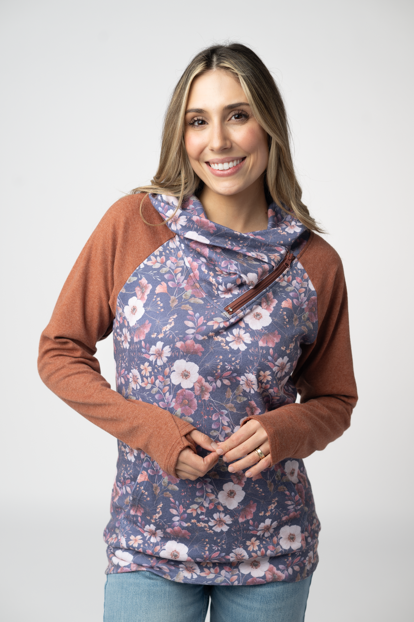 Michelle Mae Classic Zoey ZipCowl Sweatshirt - Blushwood Floral and Terra Cotta