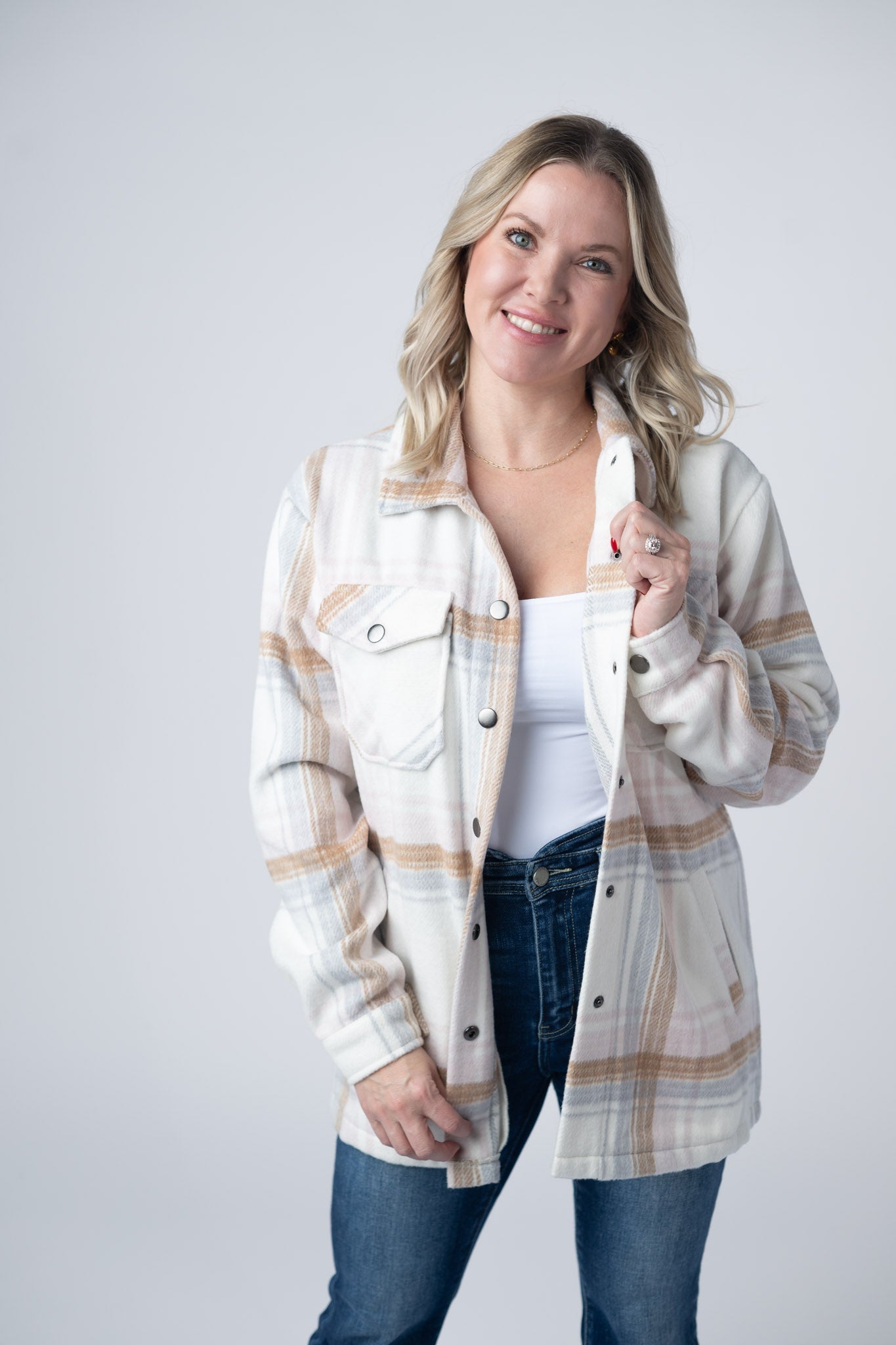 Michelle Mae Norah Plaid Shacket - Neutral Blush Mix