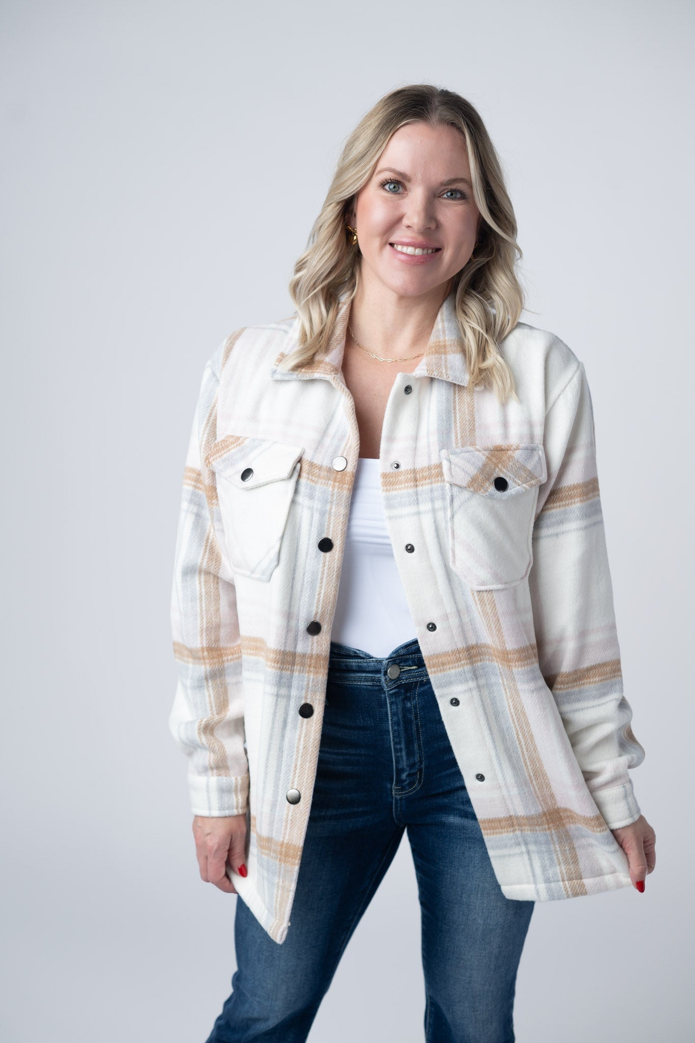 Michelle Mae Norah Plaid Shacket - Neutral Blush Mix