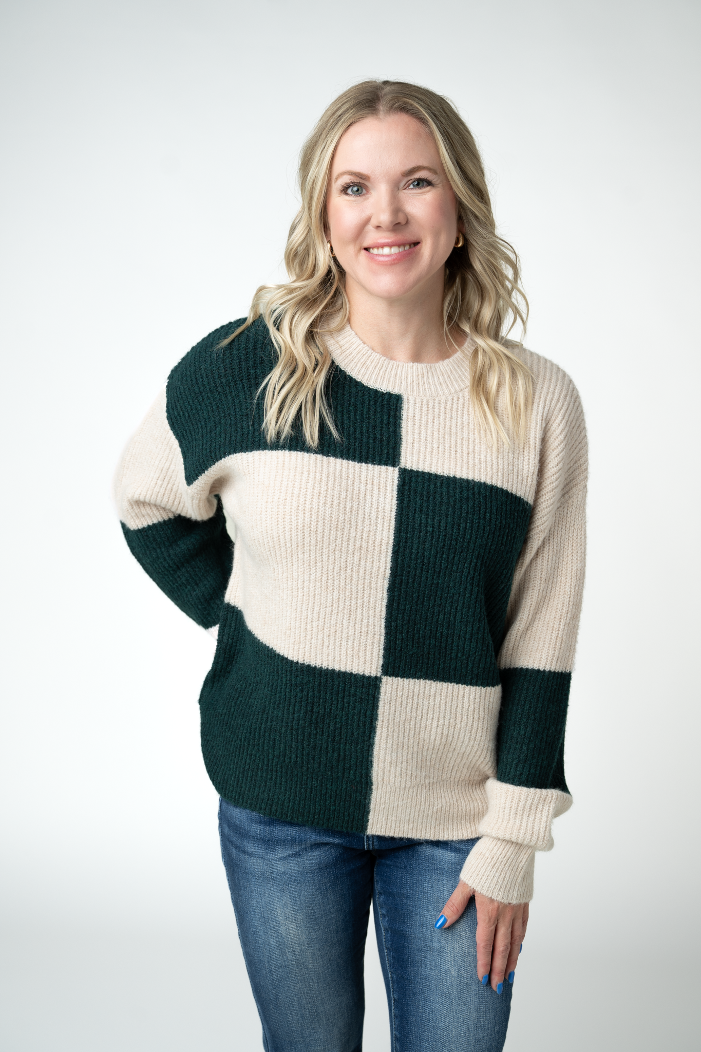 Michelle Mae Checkered Block Sweater - Cream and Evergreen