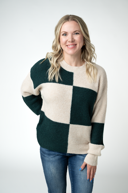 Michelle Mae Checkered Block Sweater - Cream and Evergreen
