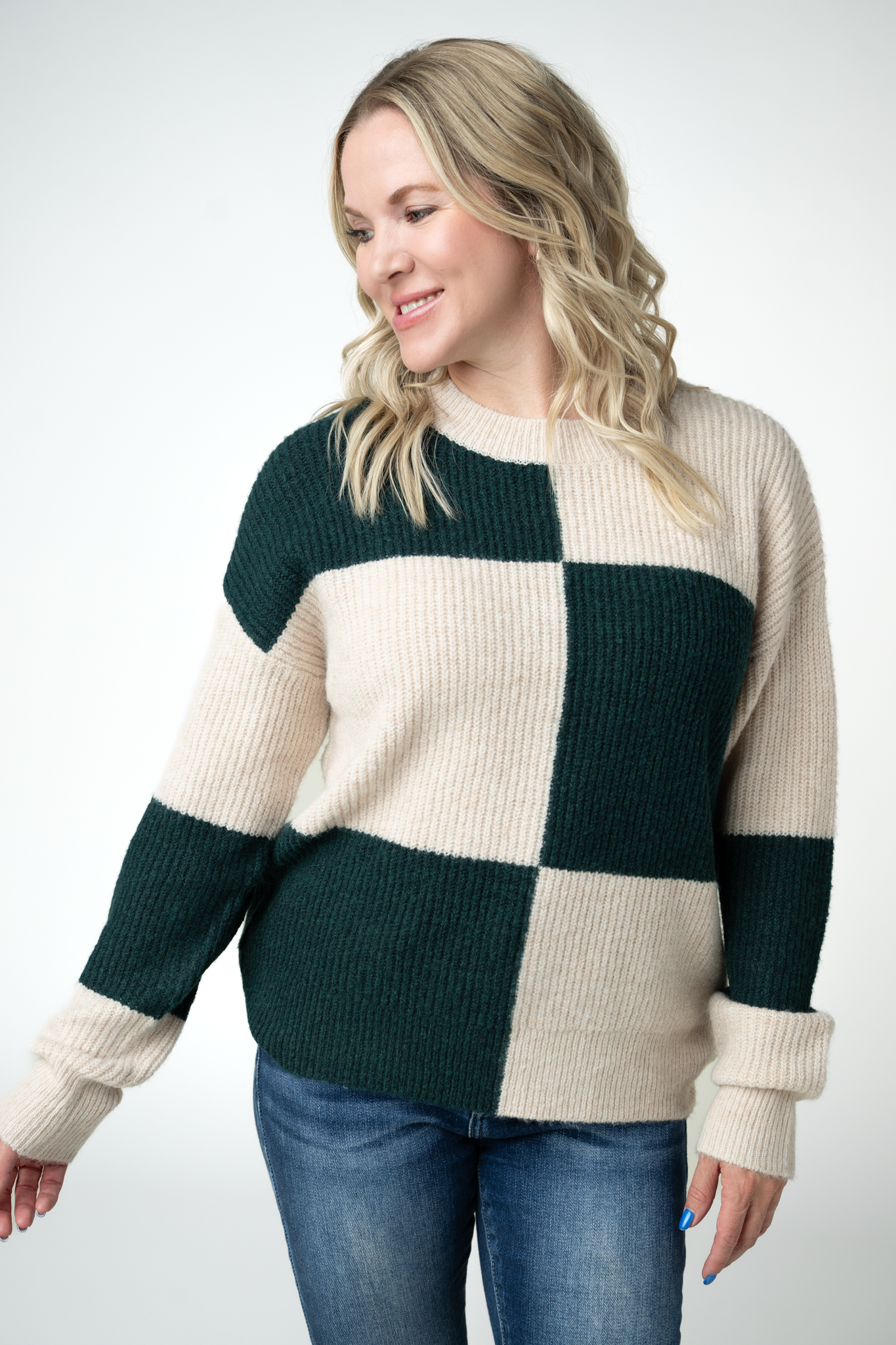 Michelle Mae Checkered Block Sweater - Cream and Evergreen