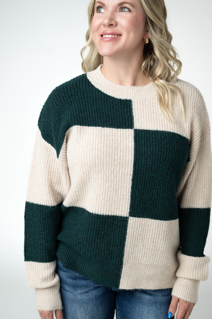 Michelle Mae Checkered Block Sweater - Cream and Evergreen
