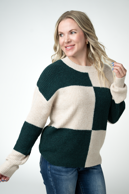 Michelle Mae Checkered Block Sweater - Cream and Evergreen