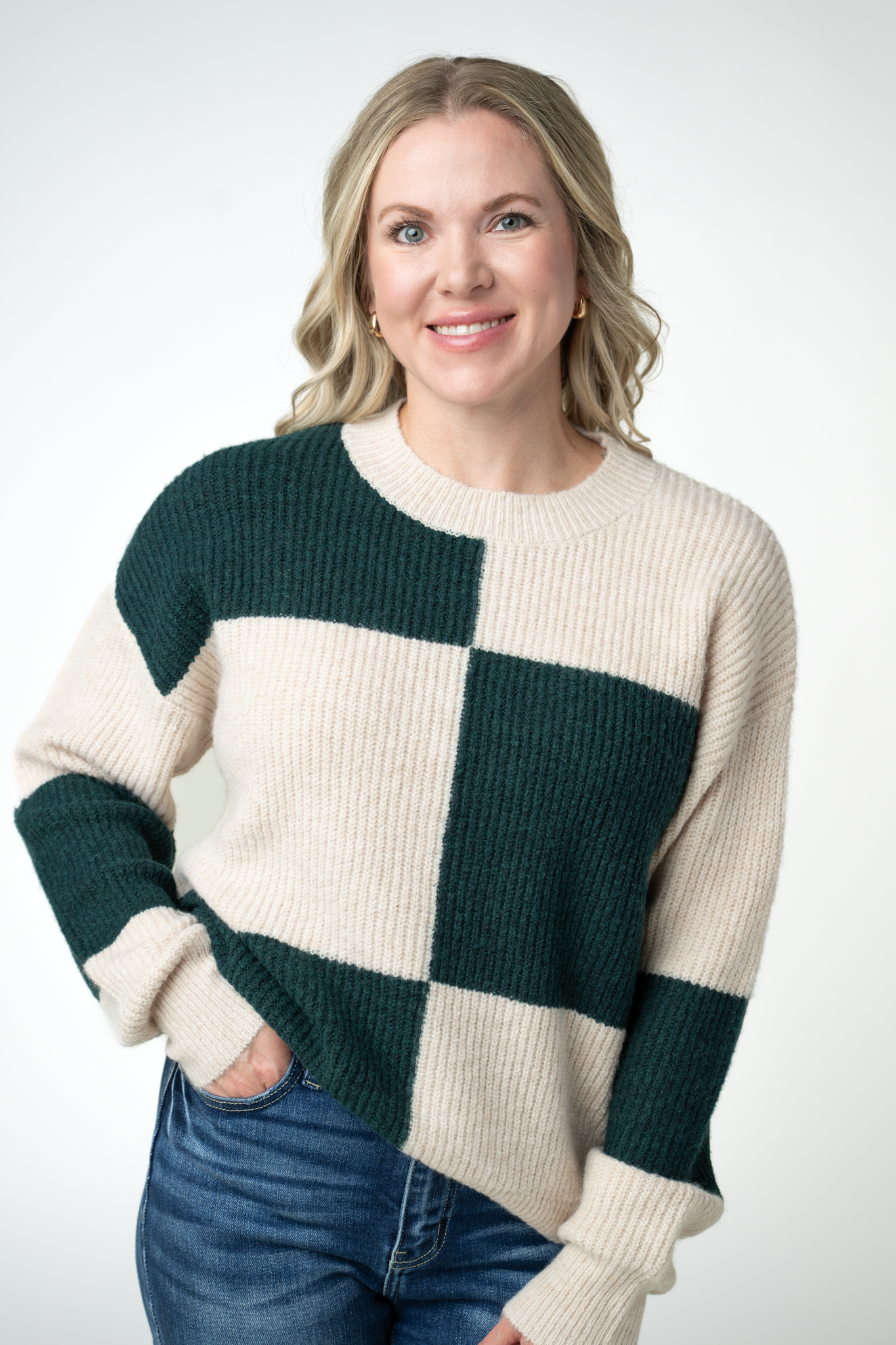 Michelle Mae Checkered Block Sweater - Cream and Evergreen