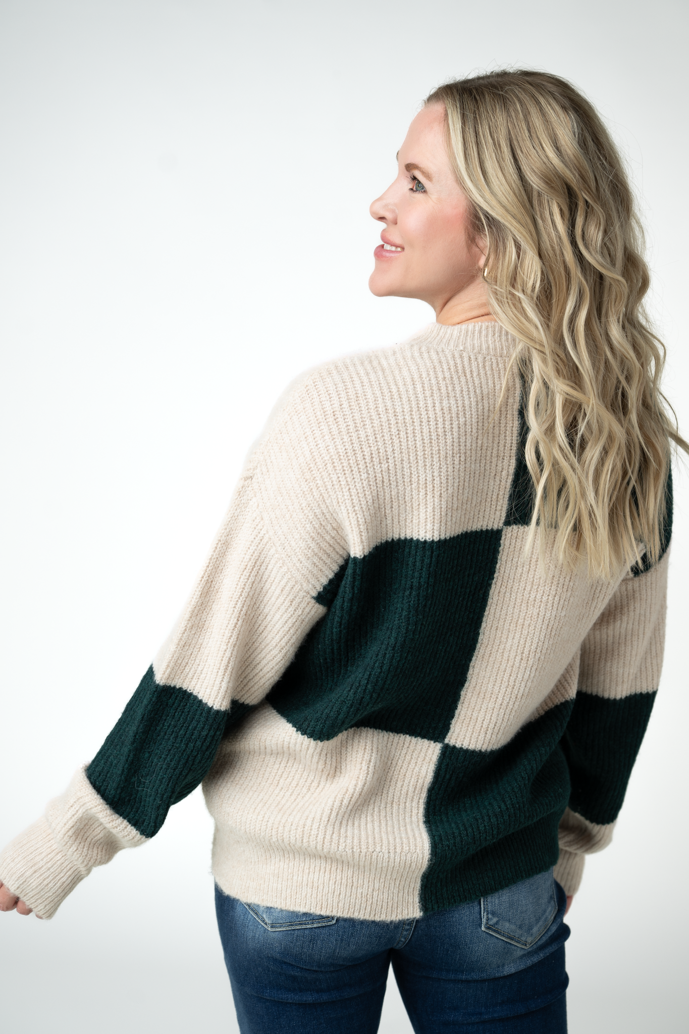 Michelle Mae Checkered Block Sweater - Cream and Evergreen