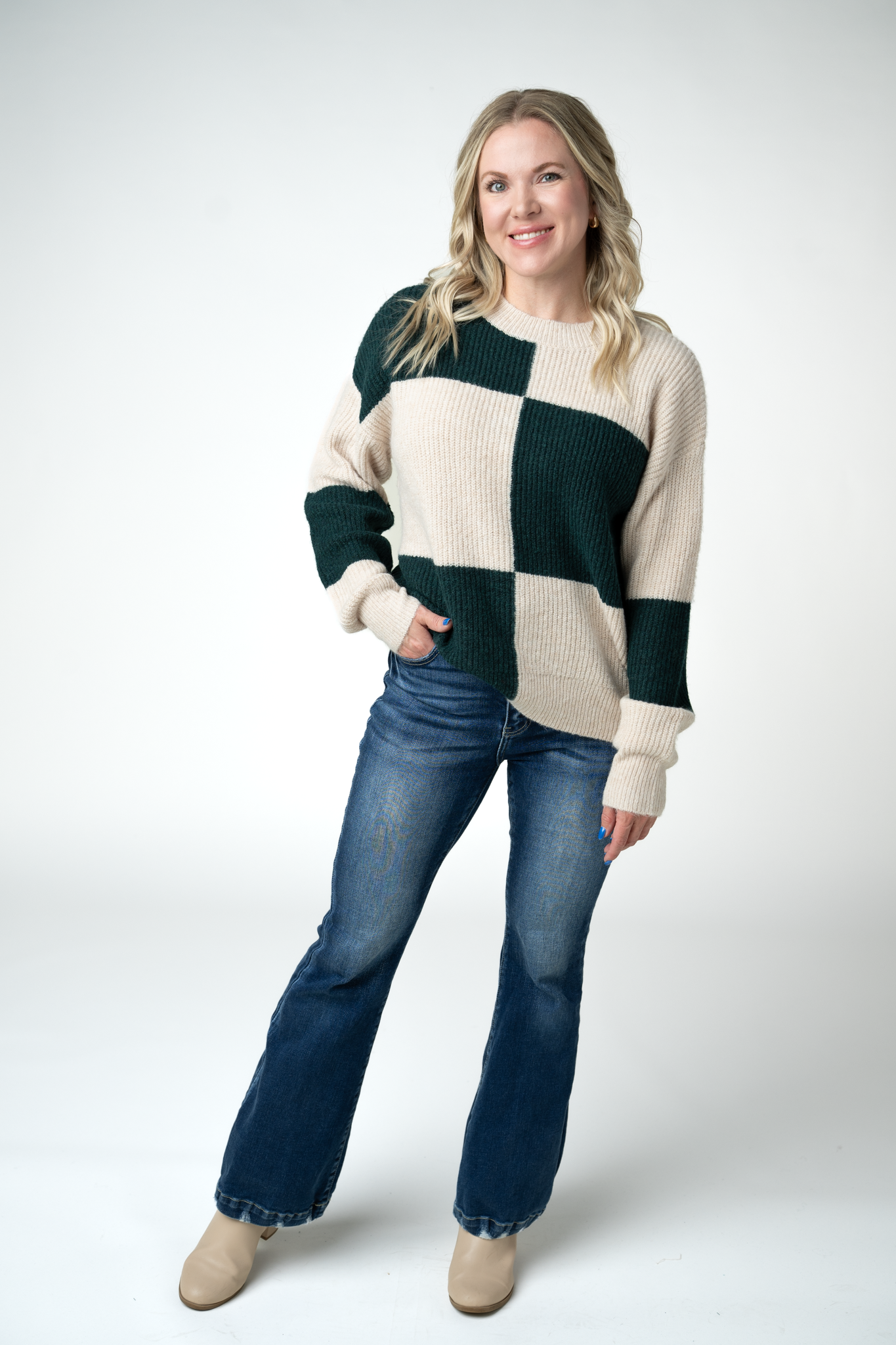 Michelle Mae Checkered Block Sweater - Cream and Evergreen