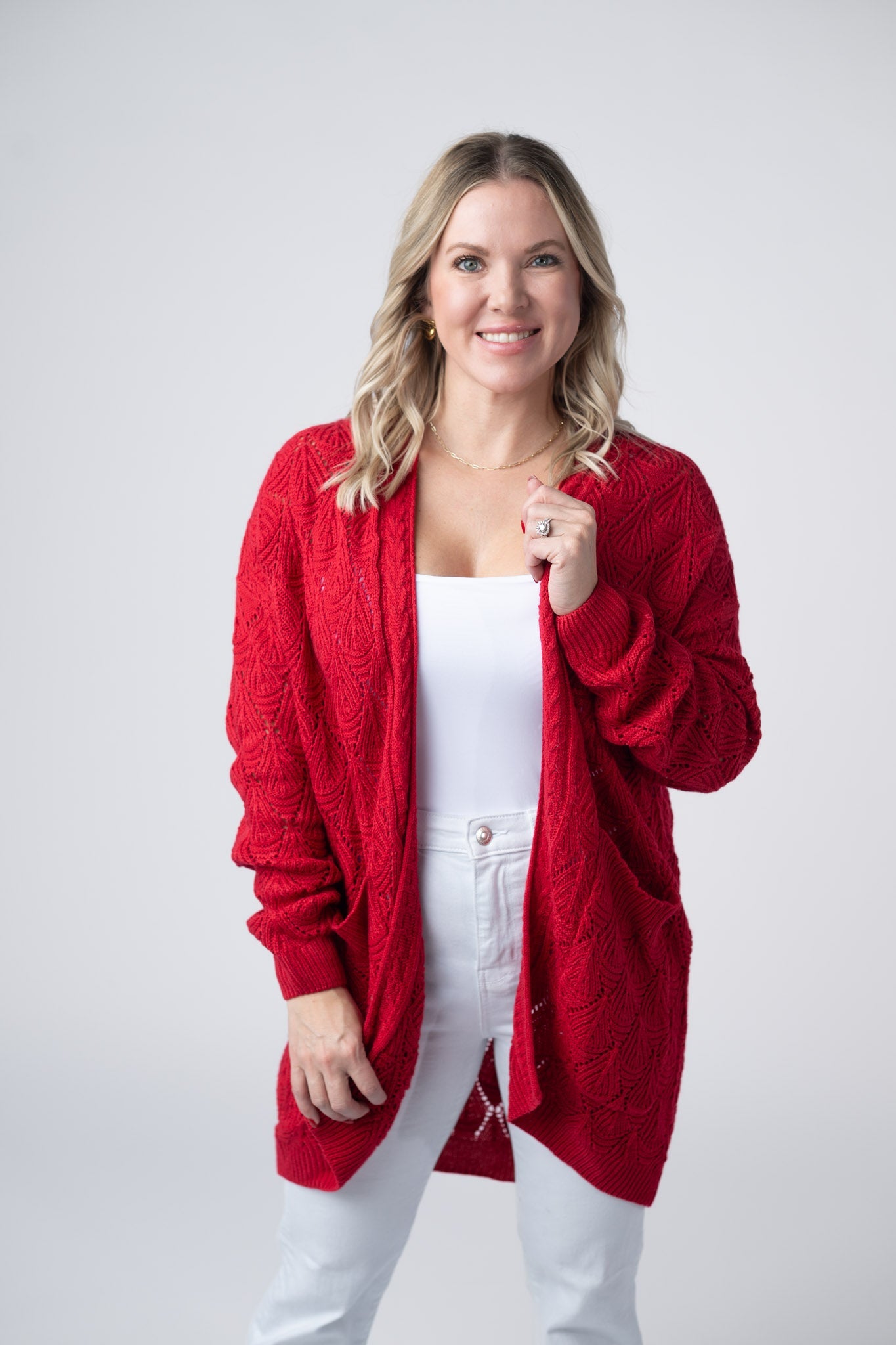 Michelle Mae Open Knit Cardigan - Red