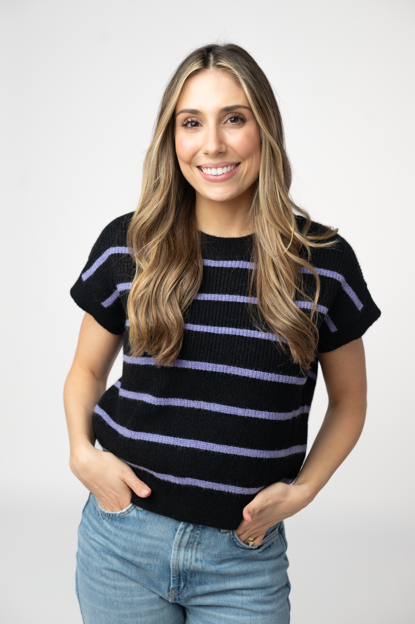Michelle Mae Striped Sweater Top - Black and Purple
