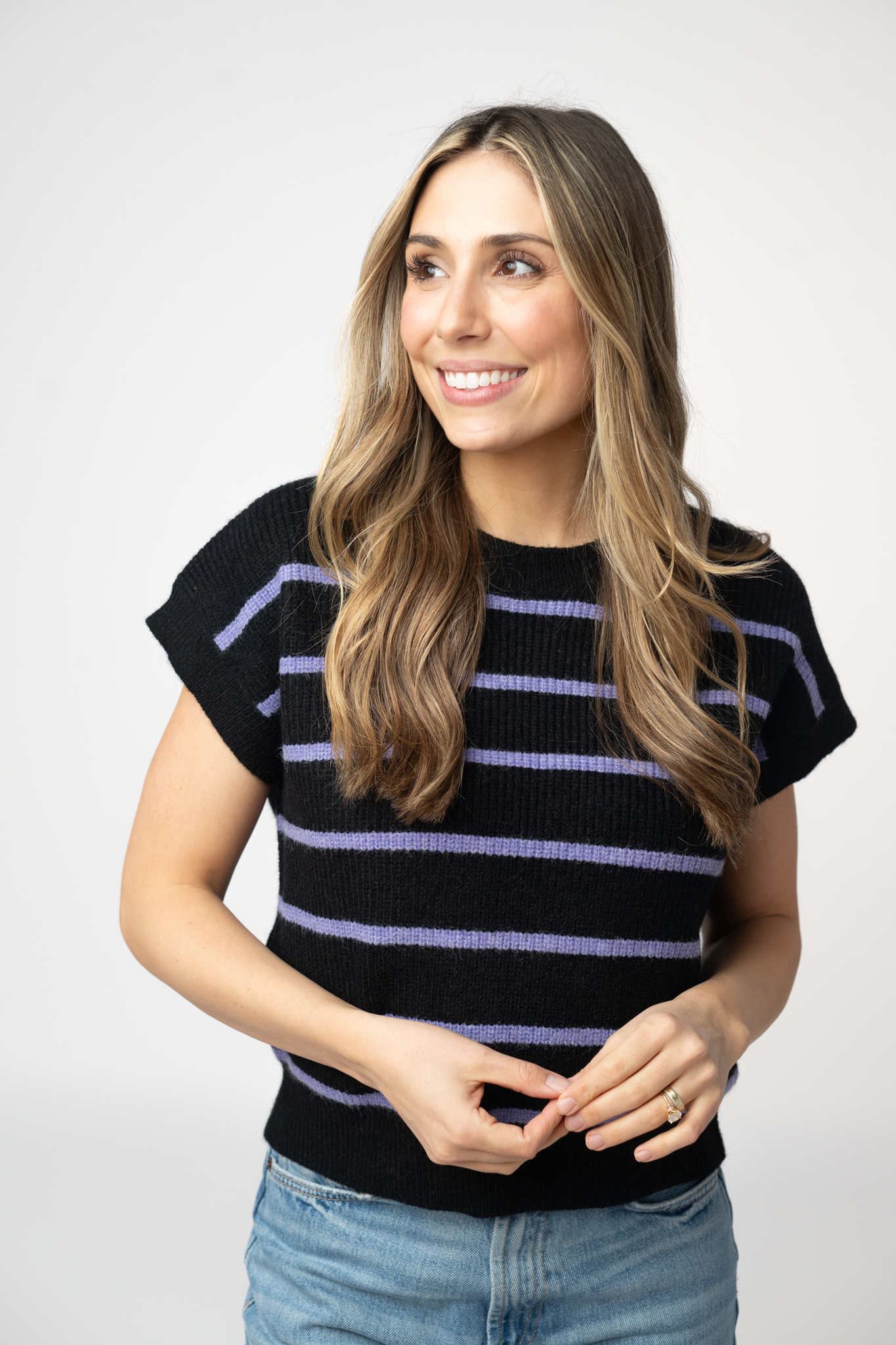 Michelle Mae Striped Sweater Top - Black and Purple