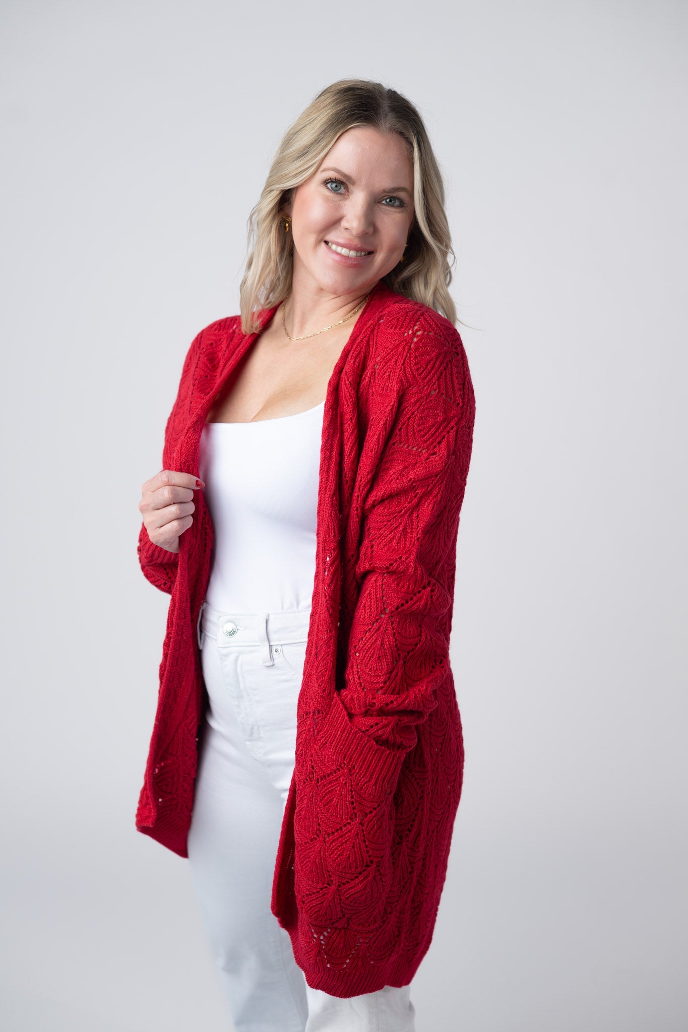 Michelle Mae Open Knit Cardigan - Red