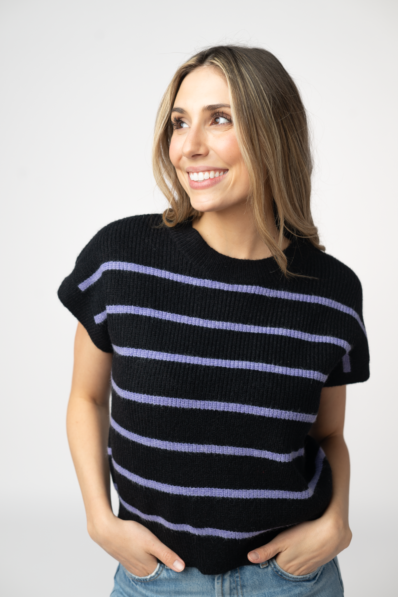Michelle Mae Striped Sweater Top - Black and Purple