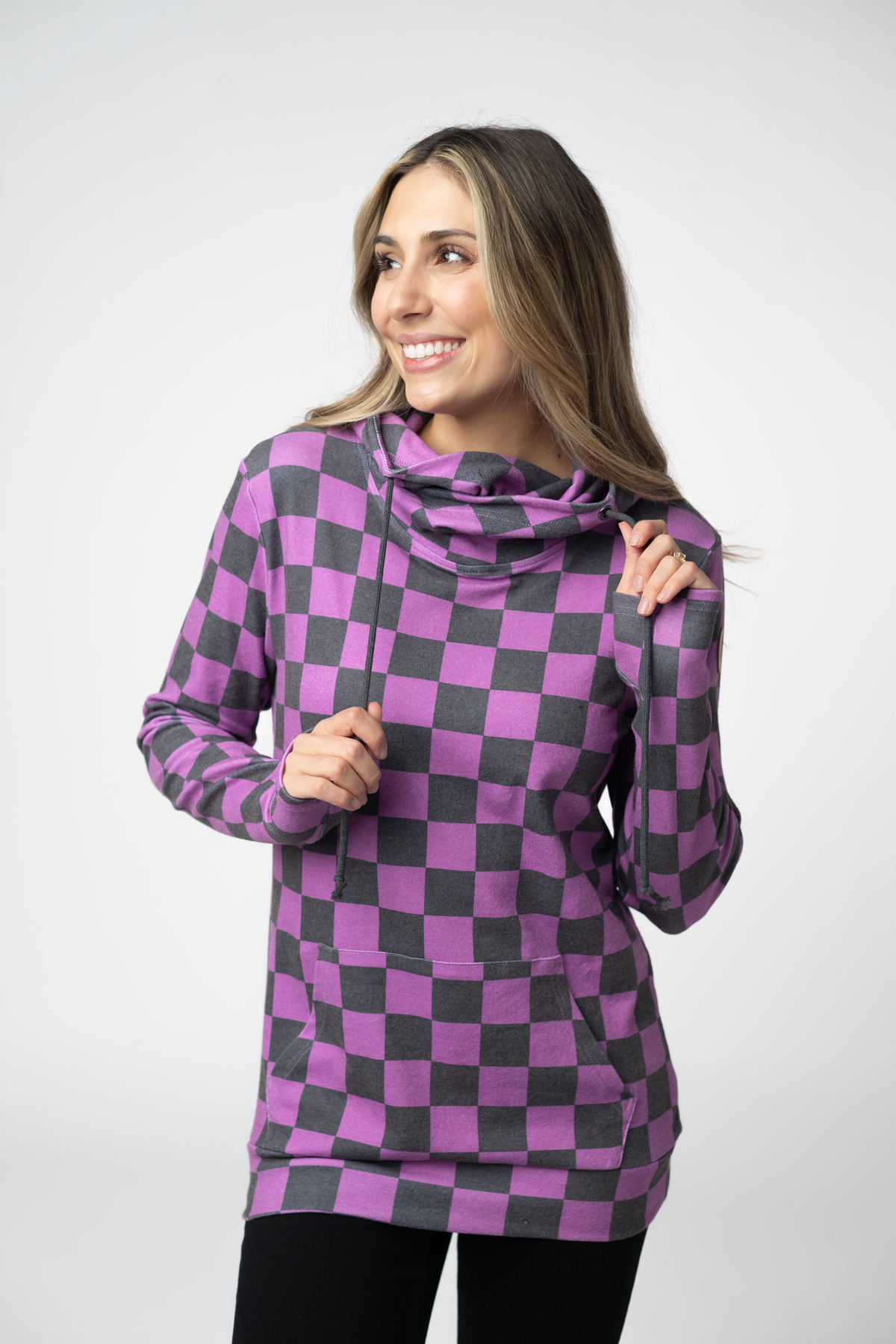 Michelle Mae Ashley Hoodie - Black and Purple Checkers